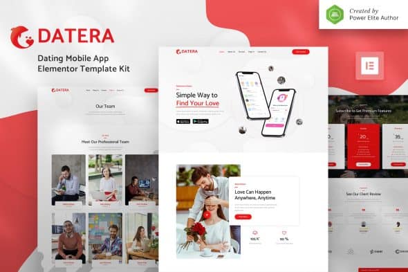 Datera - Online Dating Mobile App Landing Elementor Template Kit