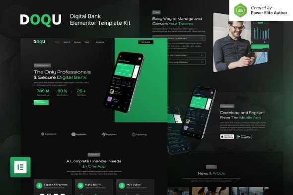 DOQU - Dark Digital Bank & E-Wallet Elementor Template Kit