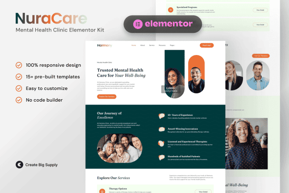 NuraCare – Mental Health Clinic Elementor Template Kit