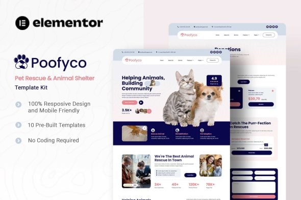 Poofyco – Pet Rescue & Animal Shelter Elementor Template Kit