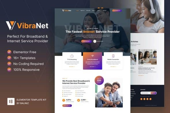 Vibranet - Broadband & Internet Service Provider Elementor Template Kit