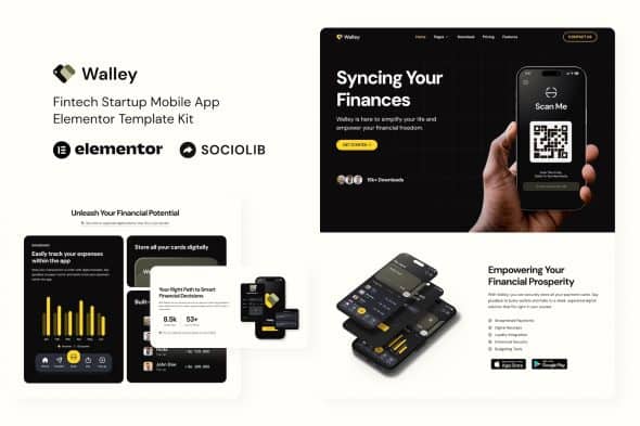 Walley - Fintech Startup Mobile App Elementor Template Kit