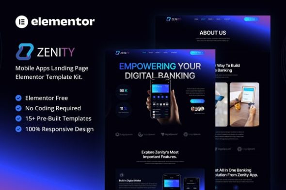 Zenity - Mobile App Landing Page Elementor Template Kit